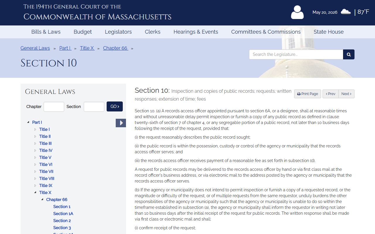 Massachusetts Public Records Law section 10 for Suffolk County public records