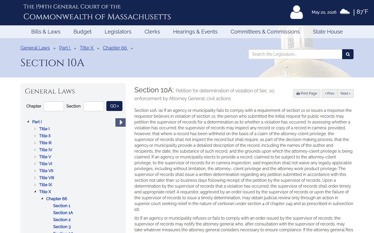 Massachusetts Public Records Law appeal section 10A for Suffolk County