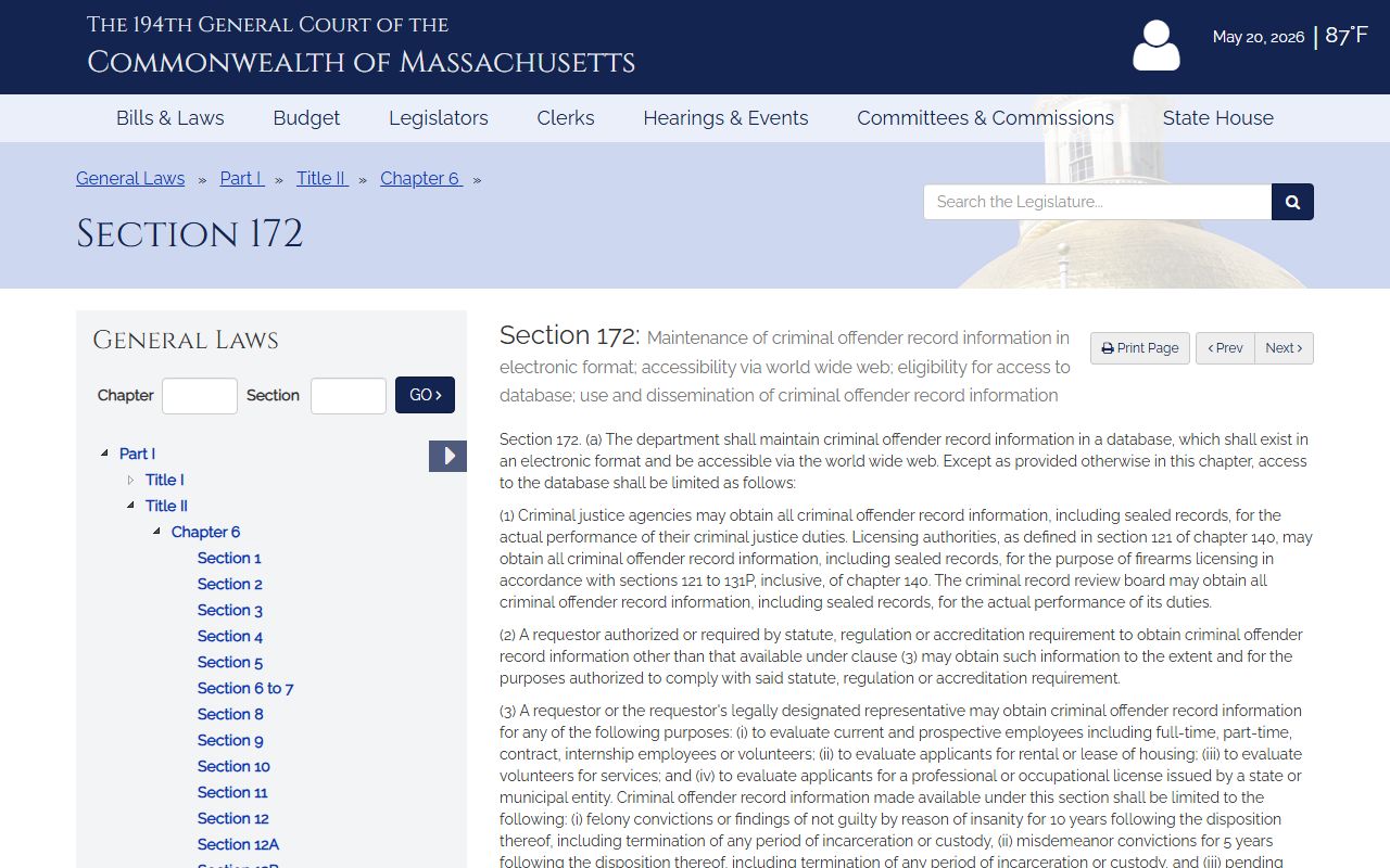 Massachusetts CORI dissemination statute for Suffolk County criminal records