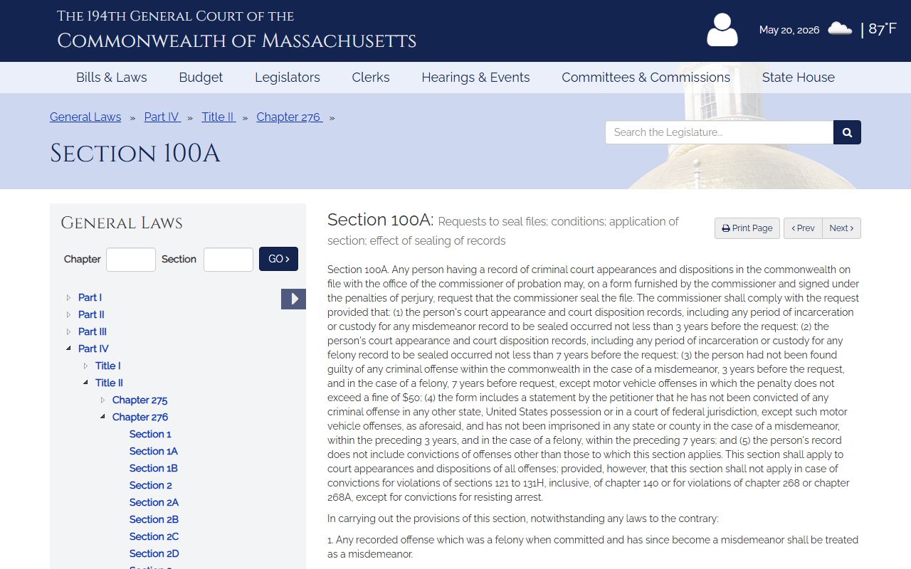 Massachusetts criminal record sealing statute for Suffolk County records