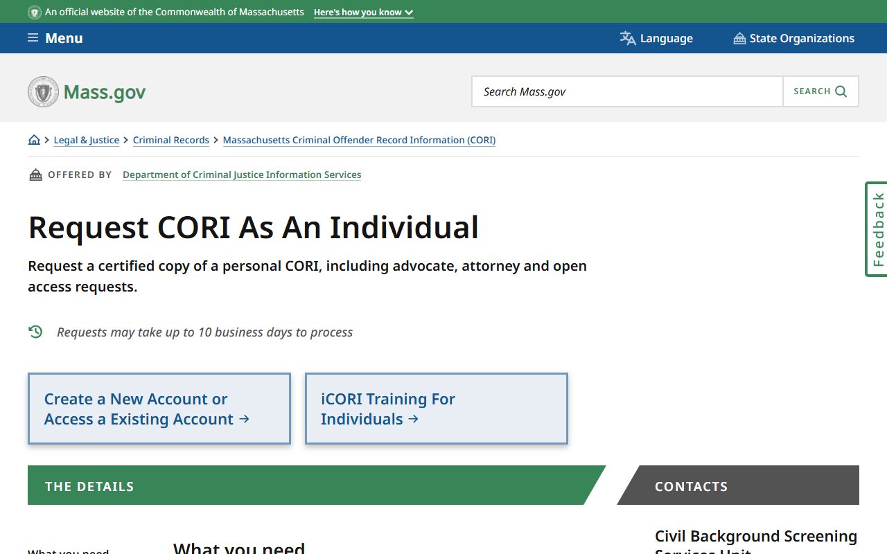 Massachusetts page to request CORI as an individual for Suffolk County records