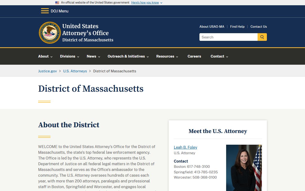 U.S. Attorney for the District of Massachusetts page for Suffolk County federal prosecutions