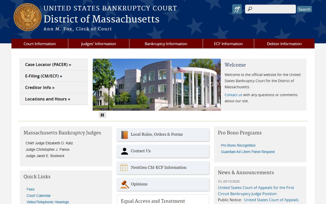U.S. Bankruptcy Court for the District of Massachusetts page for Suffolk County bankruptcies