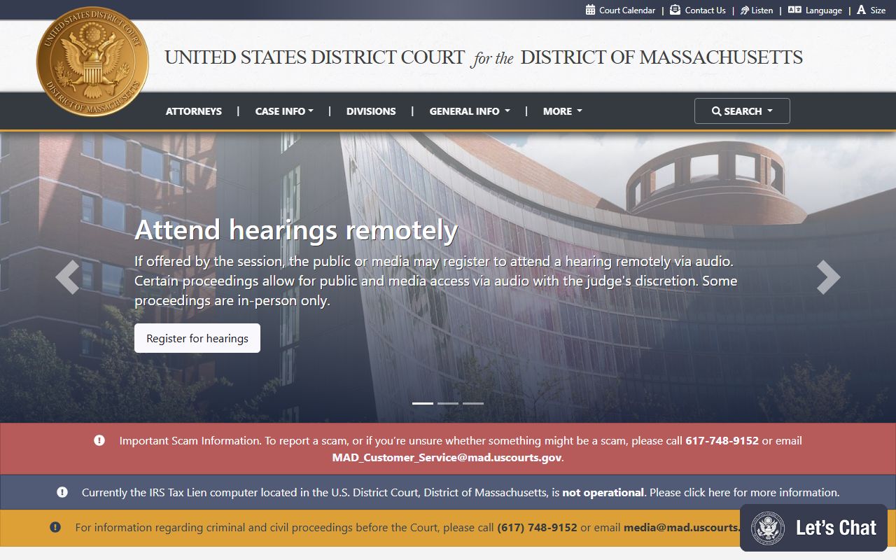 U.S. District Court for the District of Massachusetts page for Suffolk County federal court records