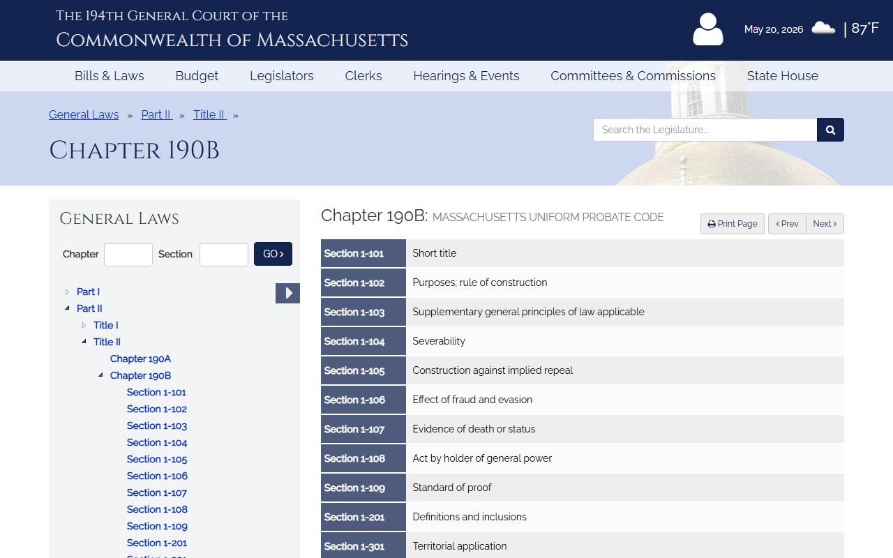Massachusetts Uniform Probate Code chapter 190B for Suffolk County probate records