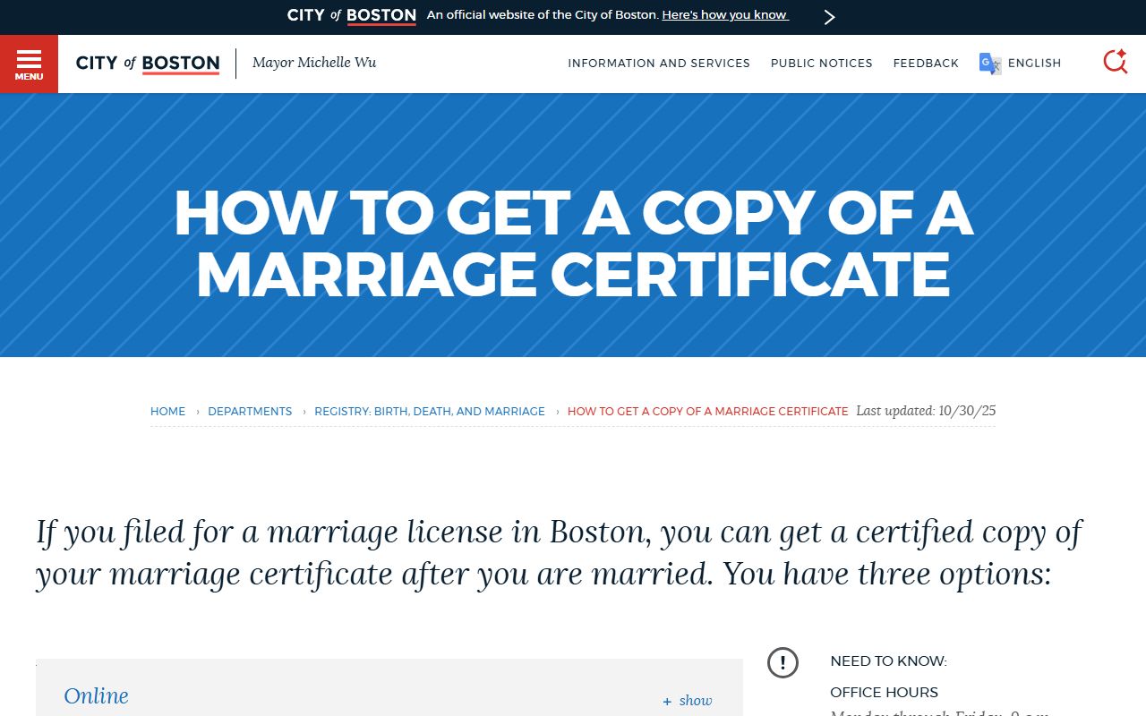 Boston marriage certificate request page for Suffolk County records