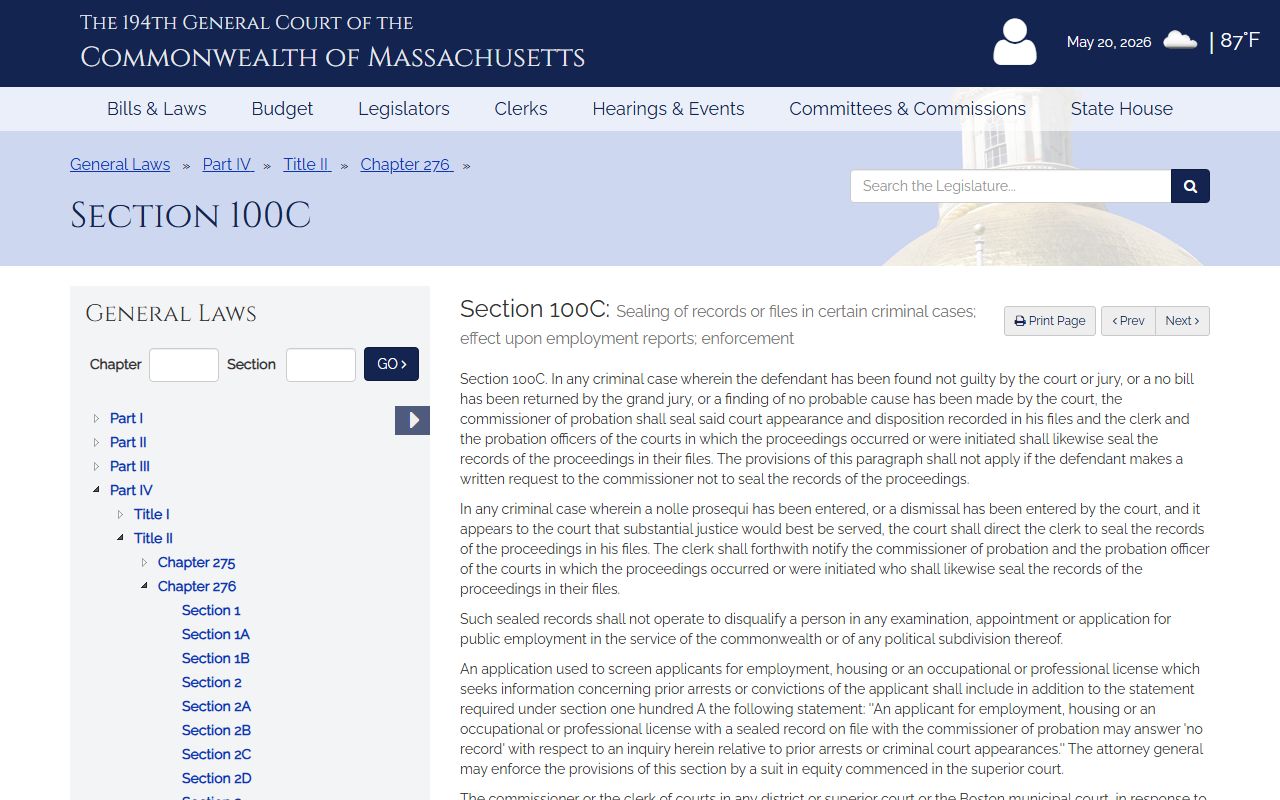Massachusetts court sealing statute affecting Suffolk County court records access
