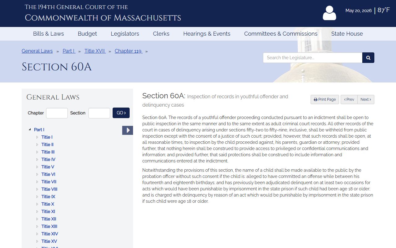 Massachusetts juvenile record confidentiality law for Suffolk County court records