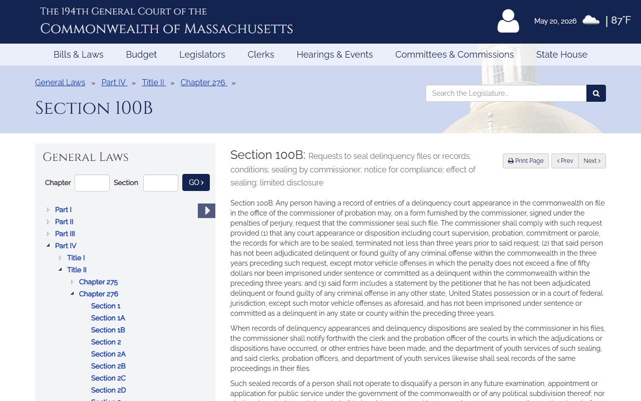 Massachusetts sealing statute for dismissed and not-guilty Suffolk County cases