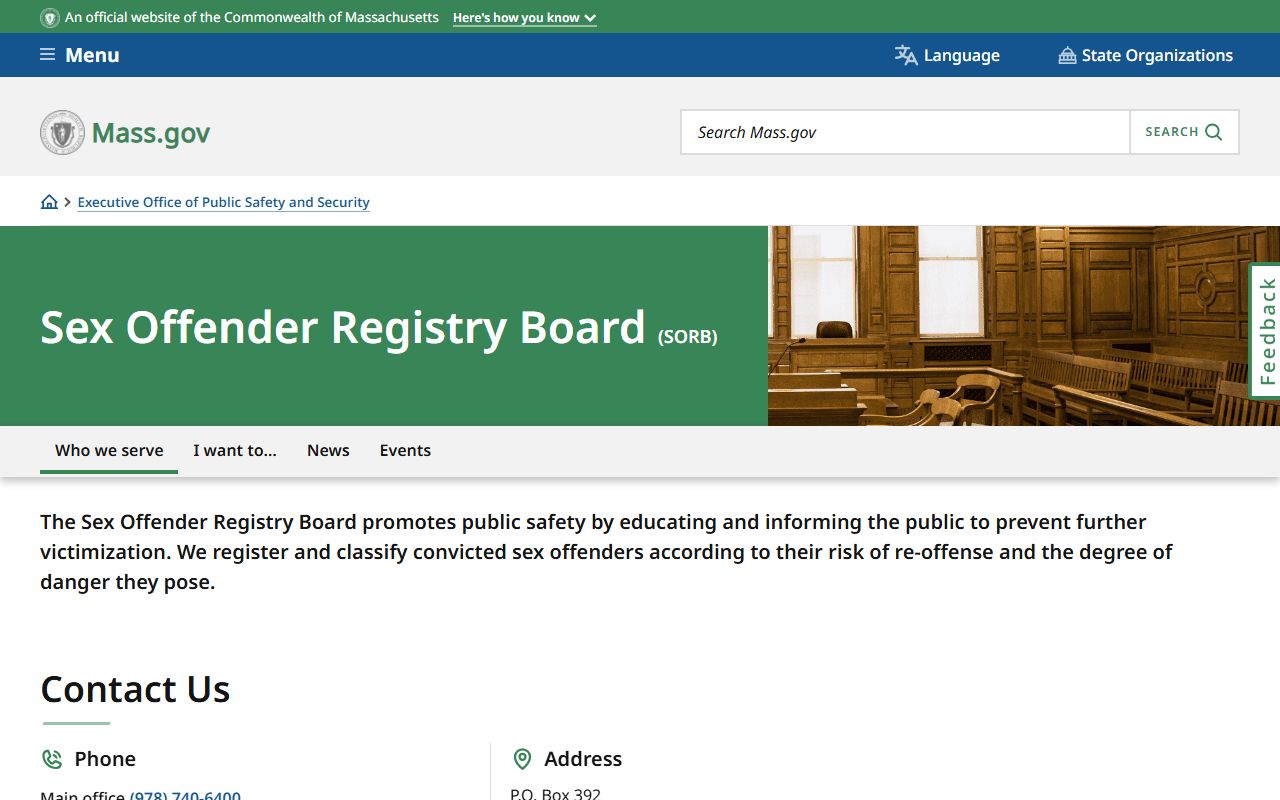 Massachusetts Sex Offender Registry Board page for Suffolk County searches