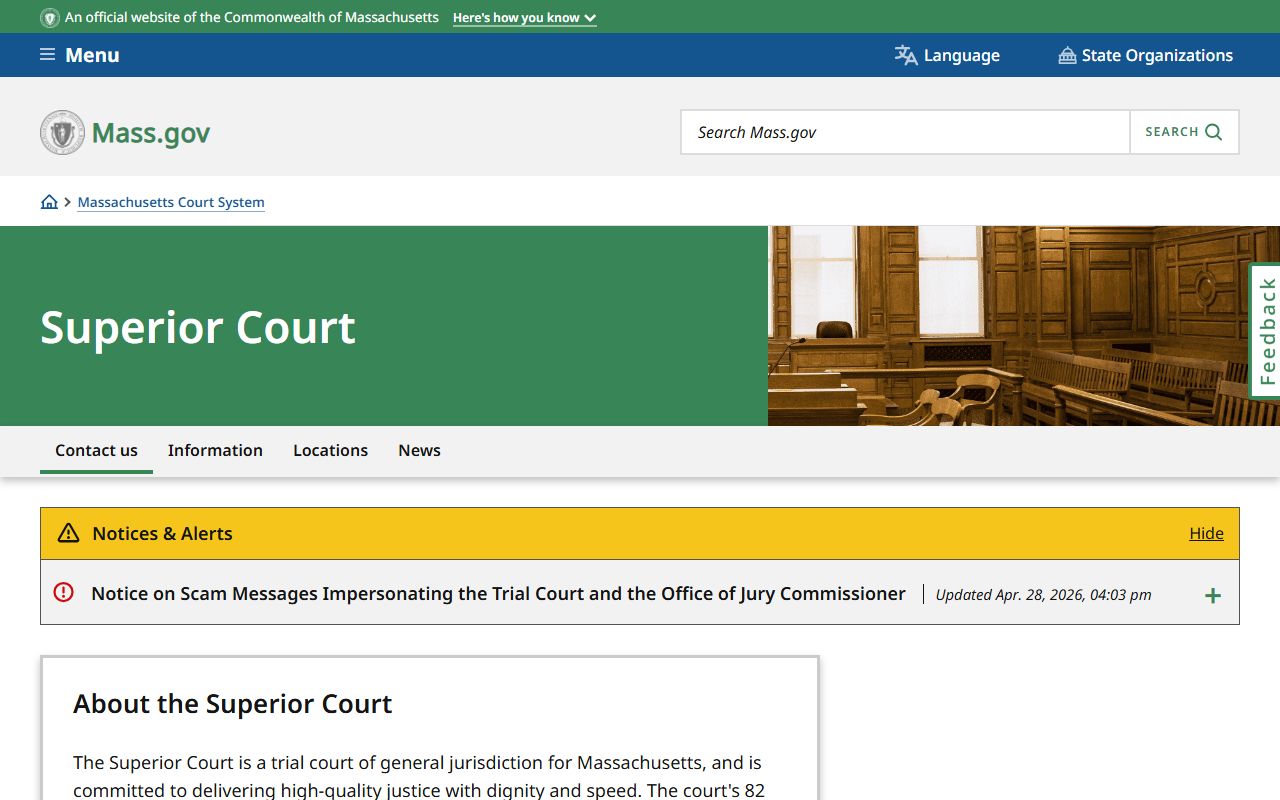 Massachusetts Superior Court department page covering Suffolk County jurisdiction