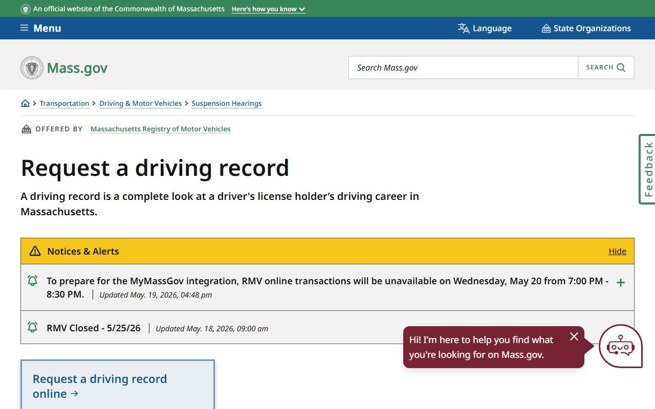 Massachusetts RMV request driving record for Suffolk County traffic records