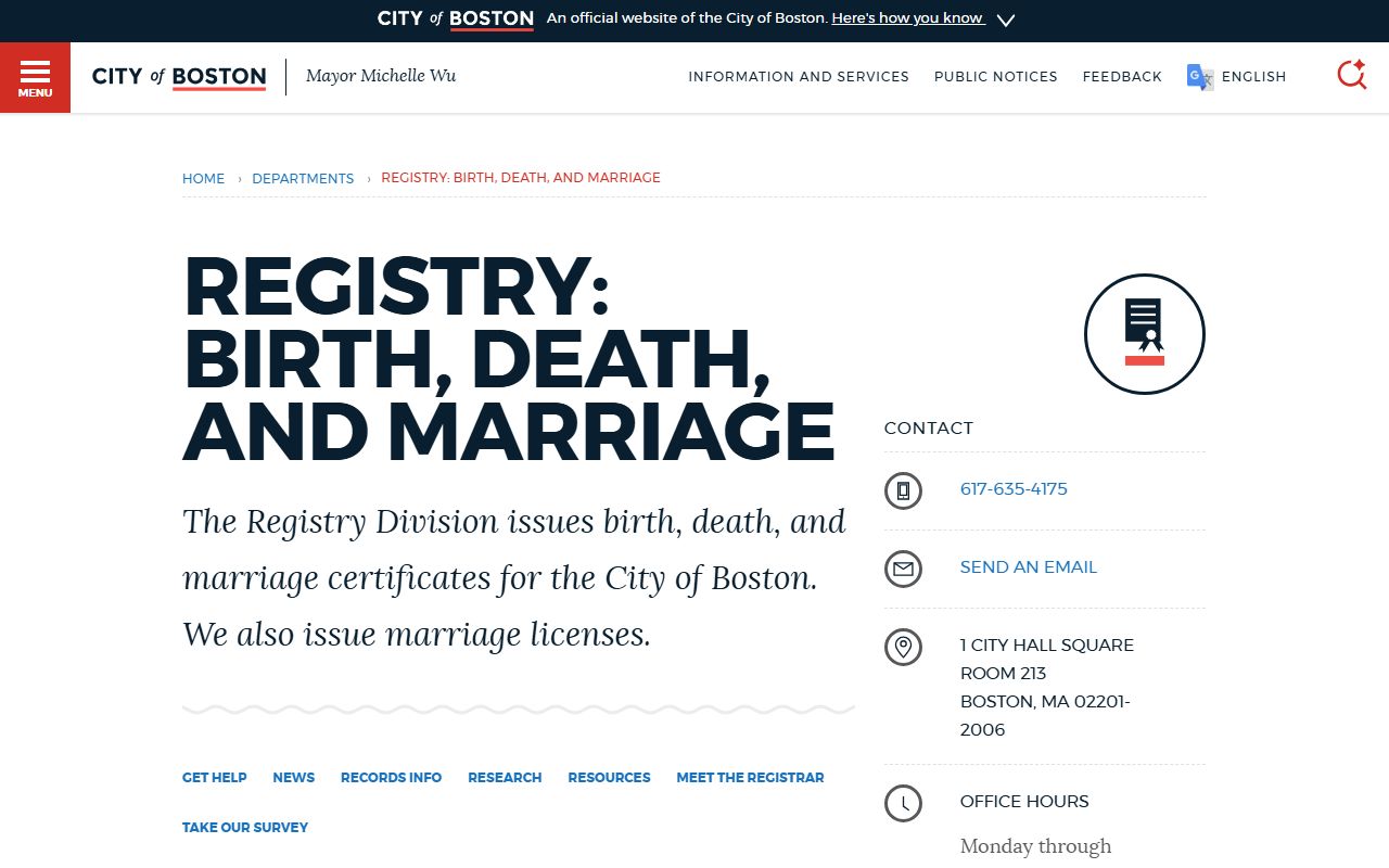 City of Boston Registry Division page for Suffolk County marriage records