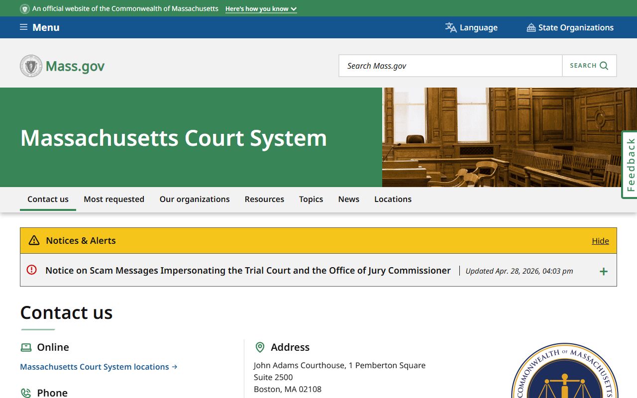 Massachusetts Court System page explaining Suffolk County court record departments