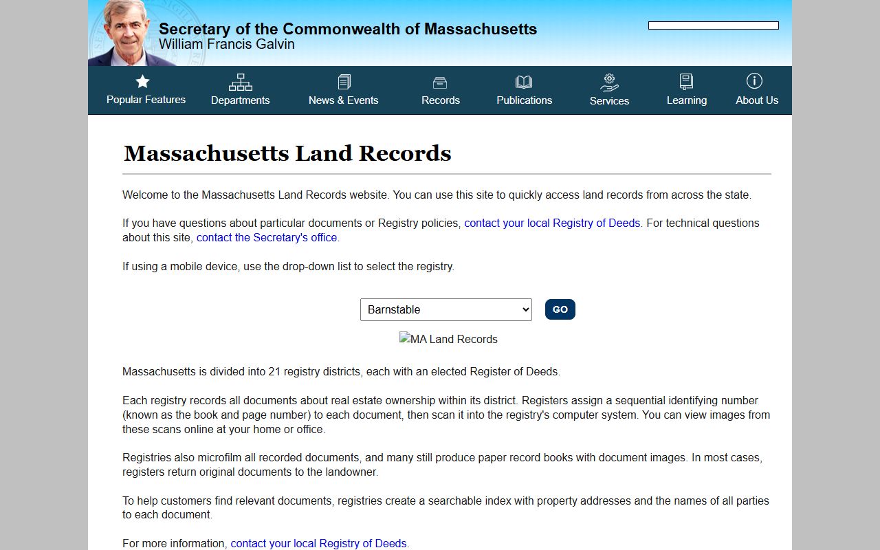 MassLandRecords portal used for Suffolk County land record searches