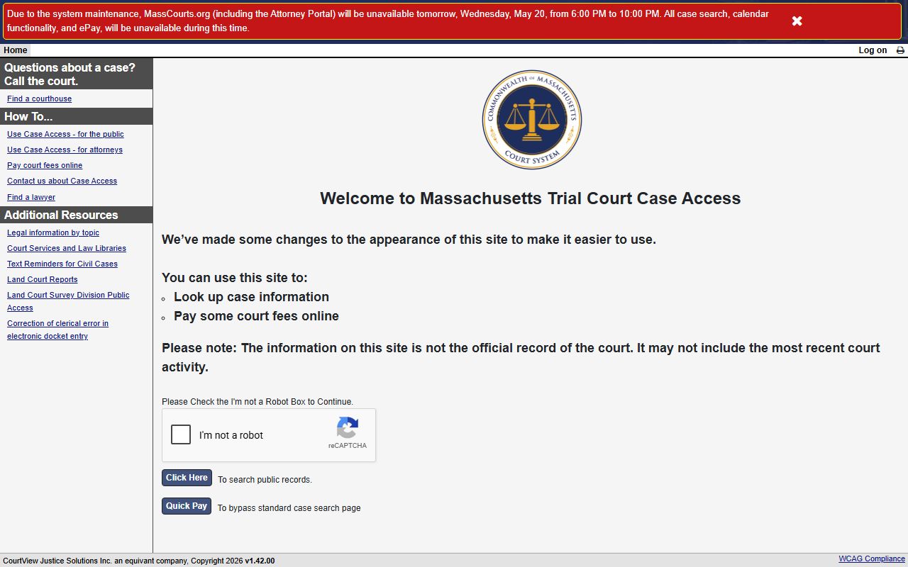 MassCourts public eAccess portal used to search Suffolk County court records