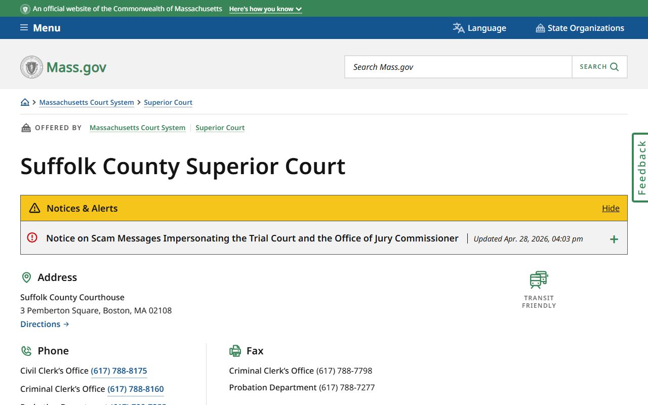 Suffolk County Superior Court location page with address and hours
